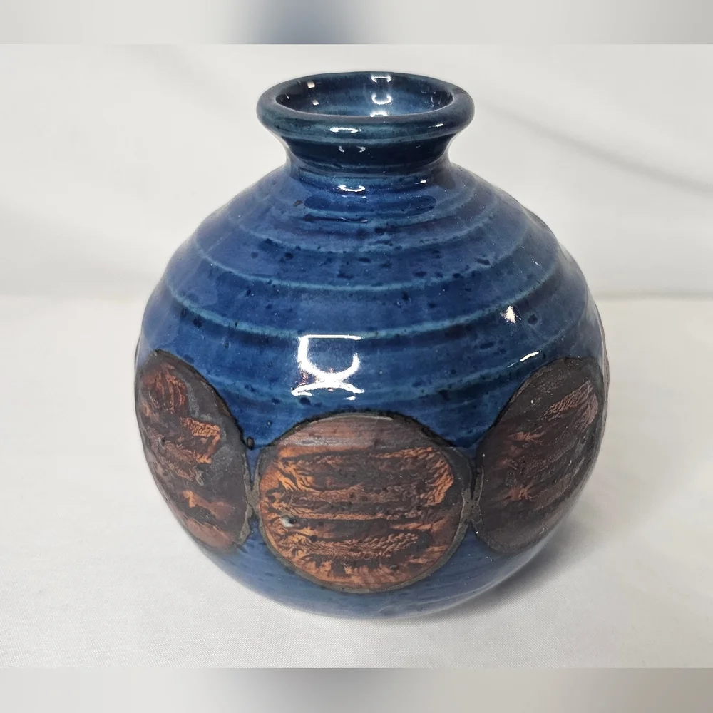 Otagiri OMC Japan Miniature Bud Vase Blue Brown Glazed Gold Sticker Vintage